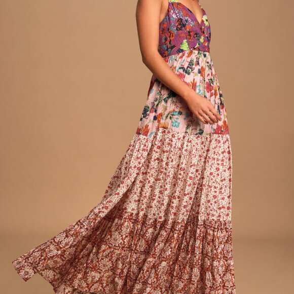 Lulus Boldly Boho Pink Multi Floral Print Tiered Maxi Dress - Size L - Picture 2 of 11